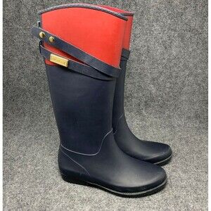 Tommy Hilfiger Tall Rubber Boots Women Size 7 Blue Red Pull-on Waterproof